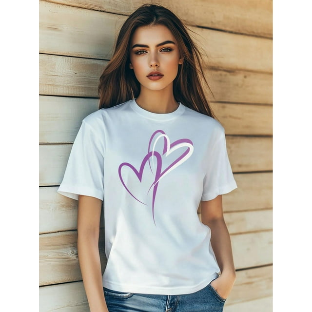 Camisetas de manga corta para mujer, diseño gráficoWomen's Valentine's Day Love Letter Heart Flowers Print T-Shirt Fashion Short Sleeve Round-Neck SlmCamisetas de verano para mujer, manga corta, cu