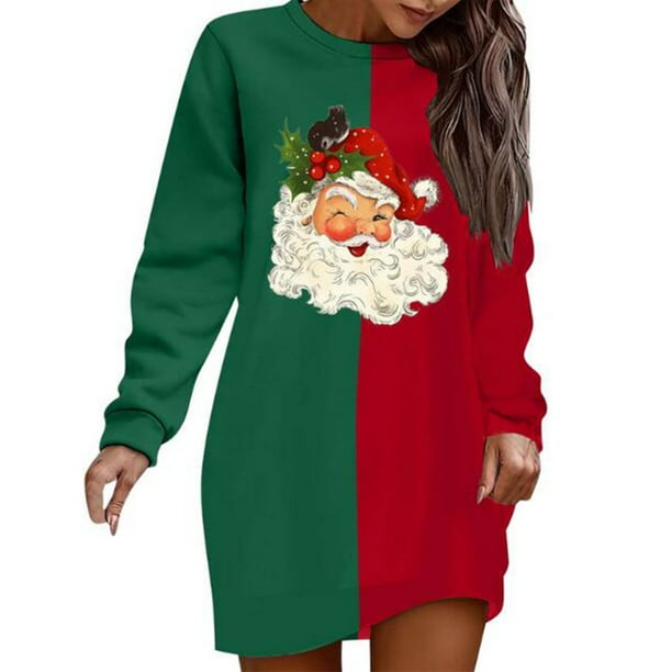WILLBEST Sudadera Informal de Mujer con Estampado Navideño Interesante En Bloques de Color Verde y Rojo, Cuello Redondo, Manga Larga y Sin Capucha Chica