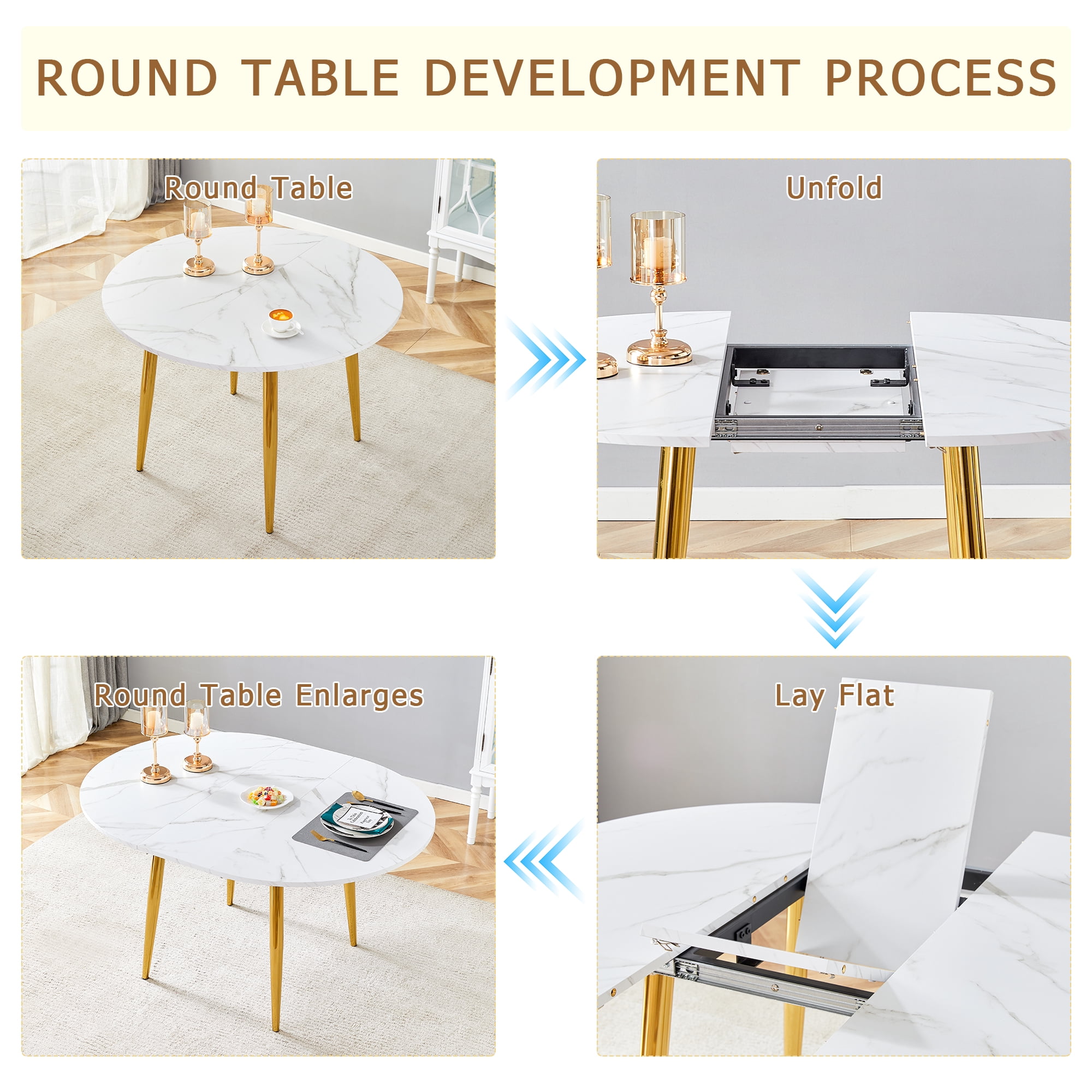 Mintazer Extendable Round to Oval Dining Table with White Marble Vein MDF Top & Gold Metal Legs, Modern Kitchen Table for 4-6 People, White