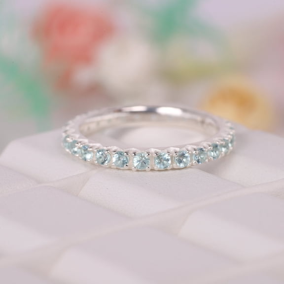 Aquamarine Full Eternity Band, Anniversary Band Gift For Her, March Birthstone Stacking Band, Blue Gemstone Matching Band, Delicate Band