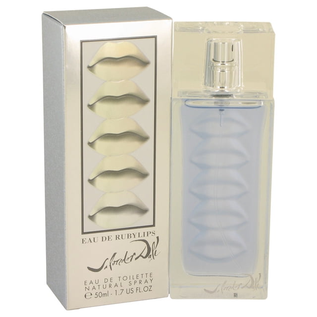 salvador dali eau de ruby lips de salvador dalí para mujer. eau de toilette aerosol 1.7 oz botella rectangular transparente con líquido lila pálido y relieve de labios en el interior, tapa clara y caja plateada vertical con cinco motivos de labios y la firma Salvador Dalí, 50 ml.