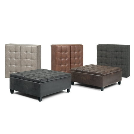 Simpli Home - Harrison 36 inch Wide Transitional Square Coffee Table Storage Ottoman in Faux Leather - Distressed Umber Brown
