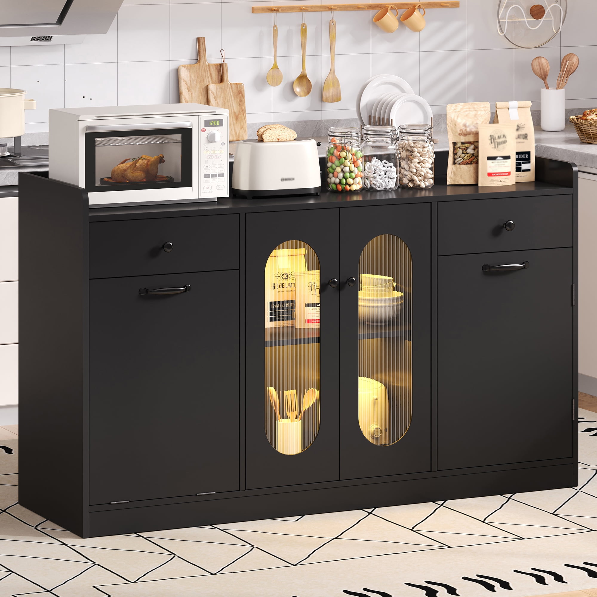 54'' Large Kitchen Island With Tilt Out Trash Can Cabinet And Adjustable Shelves, Kitchen Furniture With Led Light And 2 Drawers