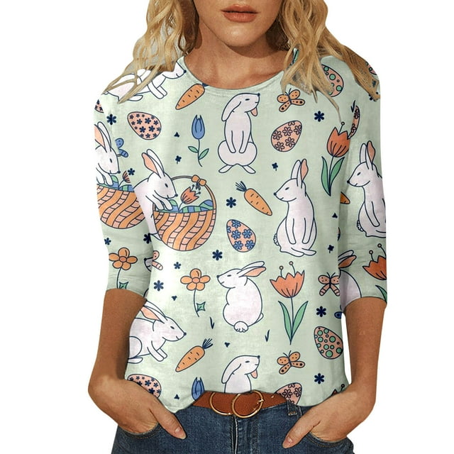 Outfmvch Chemises de Pâques pour Femmes, Blouses & Hauts, Manches 3/4 Hauts pour Femmes, T-Shirts Graphiques, T-Shirts Imprimés de Pâques Mignons Col Rond Manches Trois-Quarts, Chandails en Molleton Col Rond Femmes Vert S