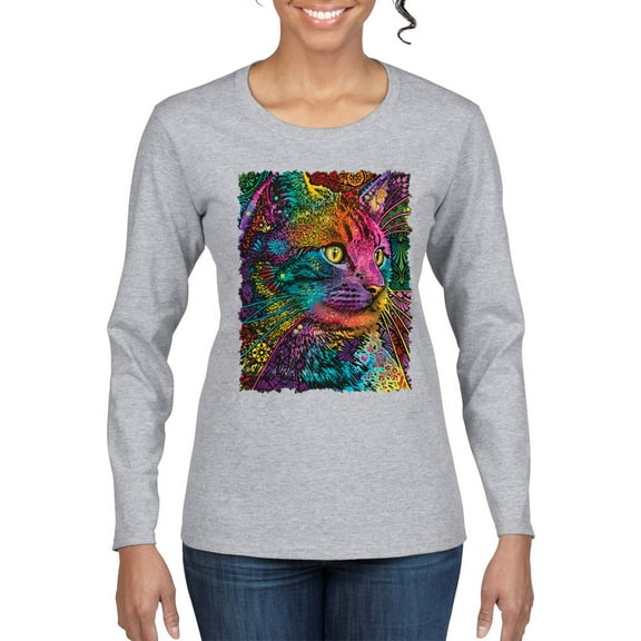 Colorful Cat Portrait | Cat Lover Owner | Dean Russo Art Animal Lover Womens Long Sleeve T-Shirt, Heather Grey, S