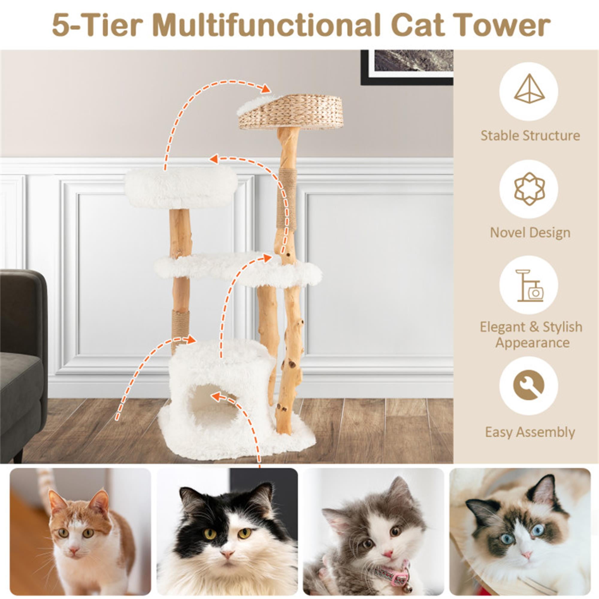 resenkos 49" Solid Wood Cat Tree Tower for Indoor, Modern Cat Condo with Scratching Post, Cat Climbing Tree House Furniture, White