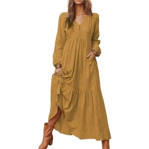 Retro casual long-sleeved cotton and linen dress