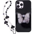 thumbnail image 1 of Funda de mariposa negra brillante compatible con iPhone 12 Pro Max, bonita funda de mariposa negra 3D de Corea con soporte de mariposa y cadena de cuentas de corazón blanco y negro para mujeres y, 1 of 8