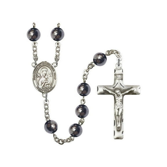 Our Lady of Perpetual Help Silver-Plated Rosary 8mm Hematite Beads Crucifix Size 1 3/4 x 1 medal charm