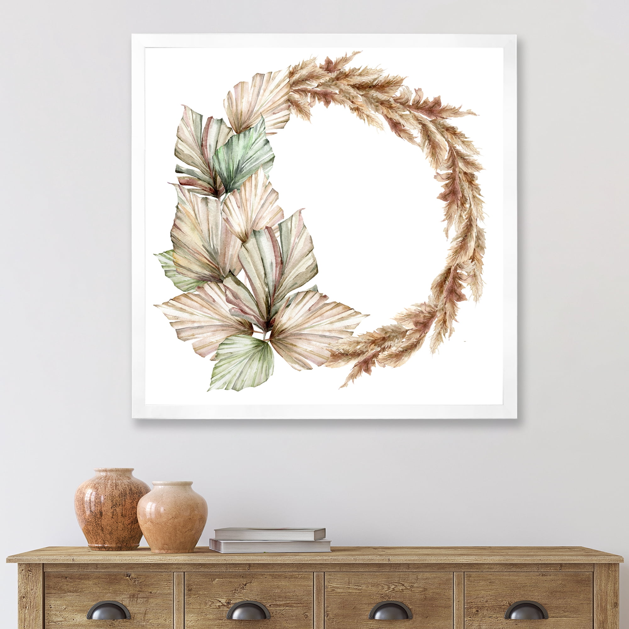 Designart 'Dry Palm Leaves and Pampas Grass With Wreath' Traditional Framed Art Print