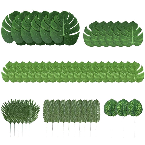 KAKOWELY 90 hojas artificiales tropicales de monstera para fiesta temática hawaiana, hojas de palma realistas, hojas de playa, bosque, decoración del hogar, plantas para fiestas, hojas