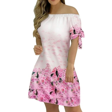 Blphud Summer Dress Maxi Dresses Women Fashion Casual Summer Off Shoulder Print Dress Stripped Short Sleeves Dress Mother Day Dresses for Women Pink XXL
