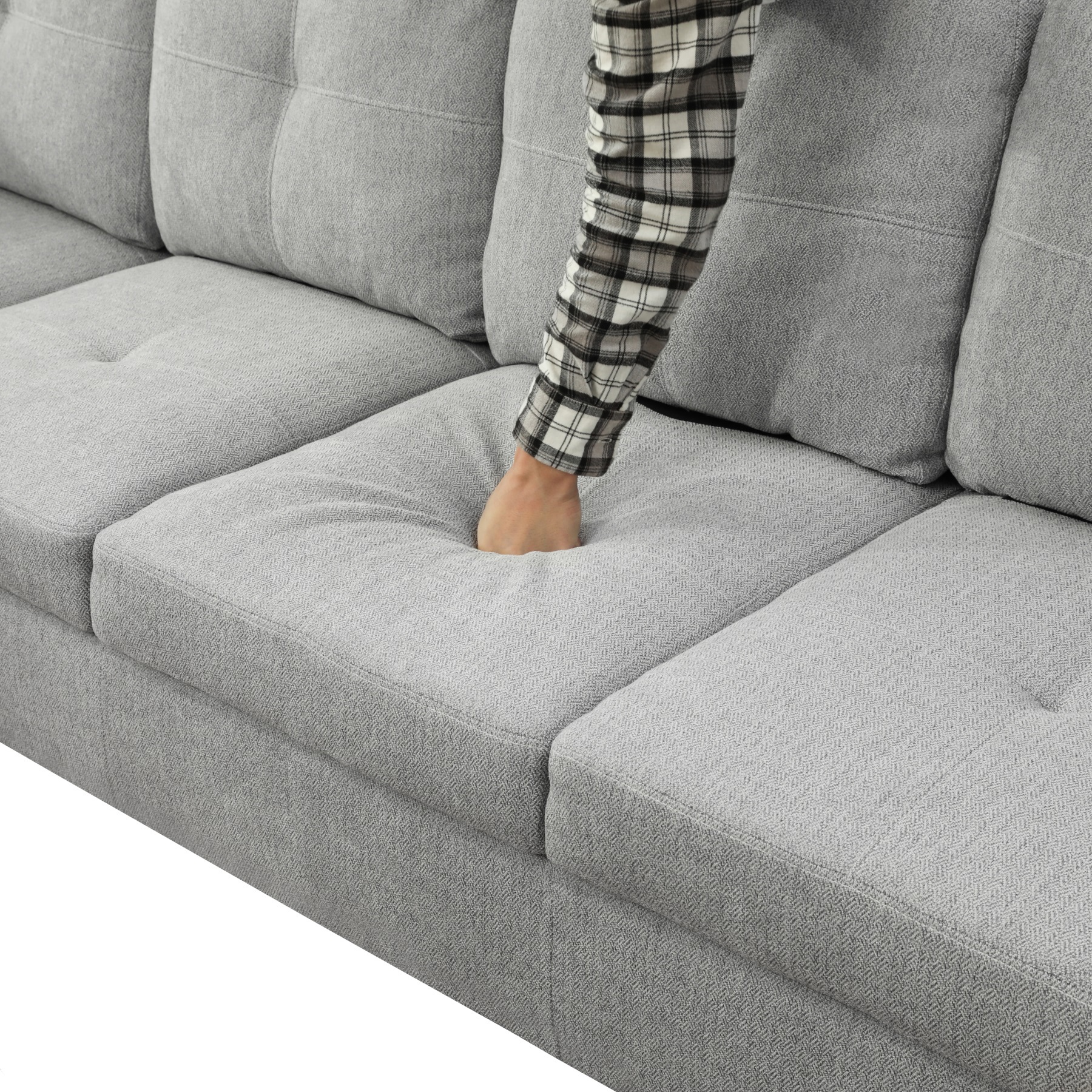 Hommoo 2-Piece Flannel Living Room Furniture Set, L-Shaped Sectional Couches and Sofa Set, Left Side, No Ottomans,Light Gray