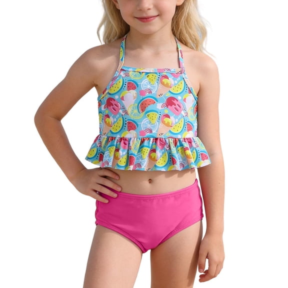ibiyuan Girls Swimsuit Size 6 Two Piece Adjustable Straps Bathing Suit Girls Cute Ruffle Tankini for Girls with Chest Pad Tropical Floral Skirted Teen Swimwear,4-5 Years