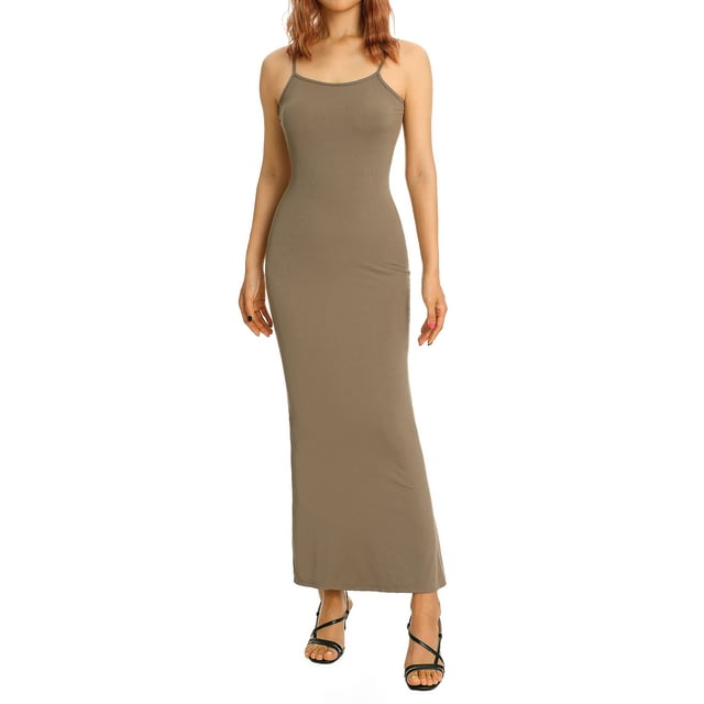 ZAXARRA Robe d'Été pour Femmes, Robe Moulante à Col Carré avec Bretelles Spaghetti de Couleur Unie pour Club de Fête