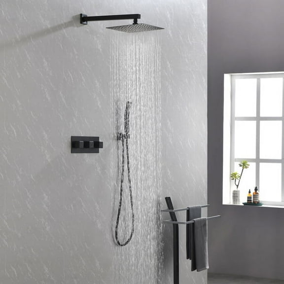10" Brass Matte Black Rain Shower System - Wall-Mounted Combo Set with Handheld Sprayer & cUPC Certified Valve