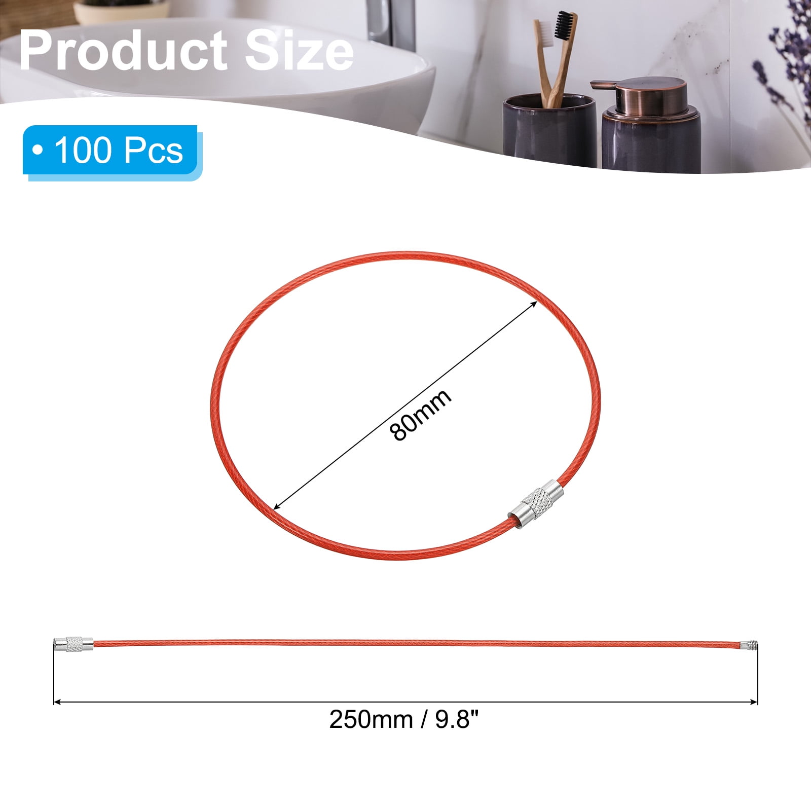 9.8 Inch Stainless Steel Wire Keychain Cable Key Ring Loop, Silver, 100 Pack