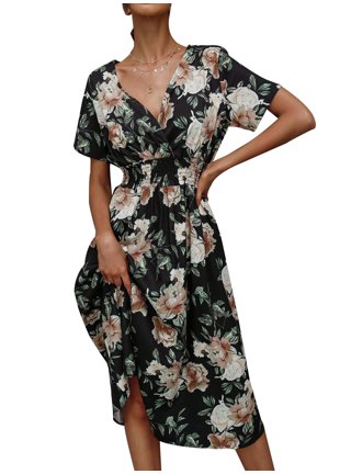 nsendm Summer Dress Sundress Mini Dress Neckline Sleeve Print Pleated  Women's Women's Dress Mature Womens Dresses Dress Brown XX-Large