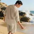 thumbnail image 5 of Paiyanr Cotton Linen Sets for Men Summer Breathable Shirts Shorts 2 Piece Outfits Solid Color Casual Long Sleeves Drawstring Waist Beach Shorts Sets, 5 of 9