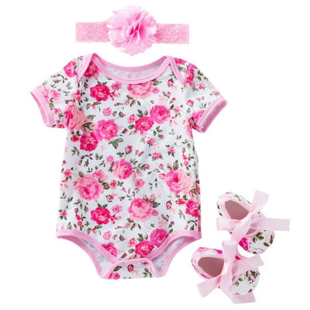

JAKANYQ Bodysuits Newborn Baby Girl Romper Short Sleeved Floral Pattern Romper + Headband + Shoes Outside Bodysuit Romper Jumpsuit Clothes Loose-Fitting