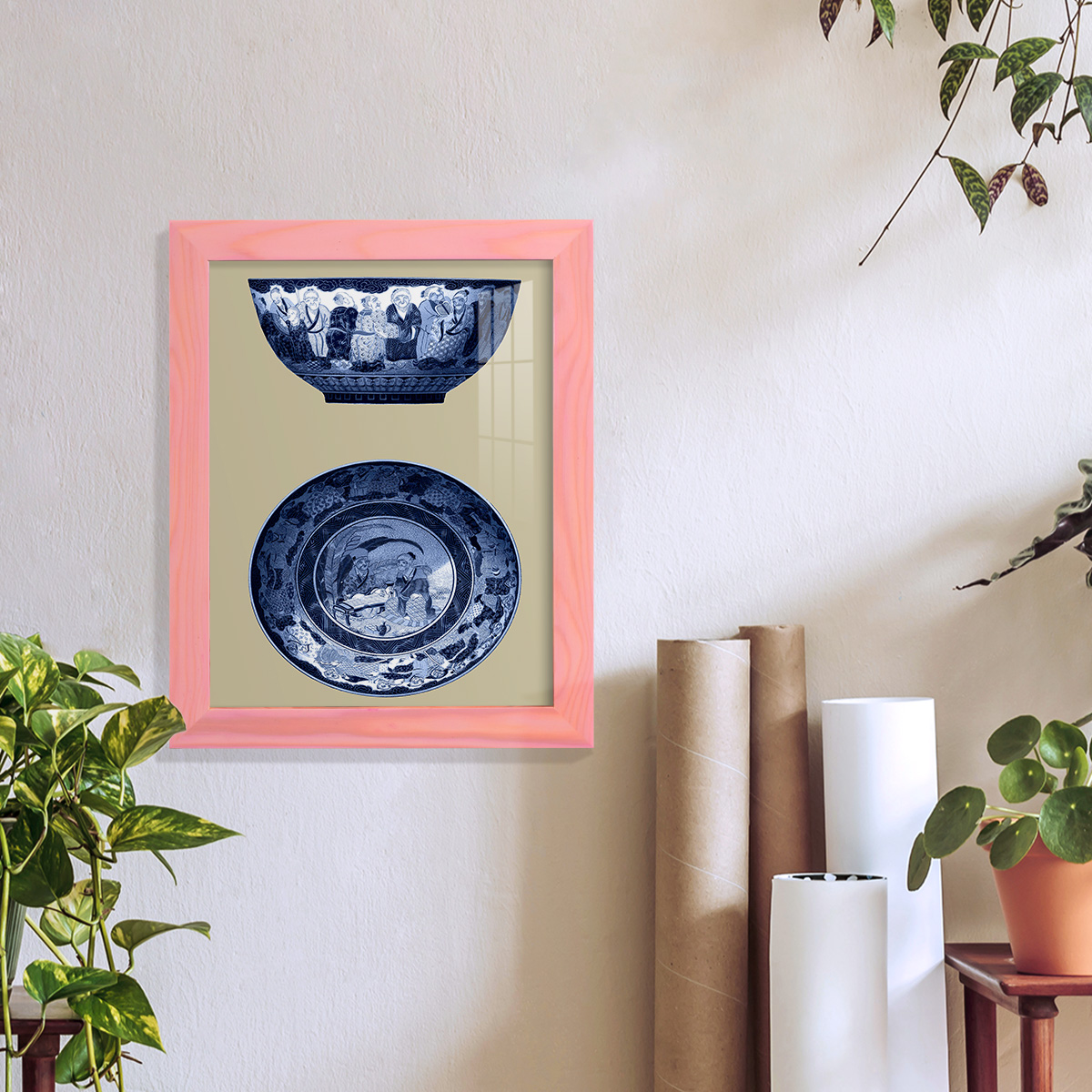 Porcelain in Blue and White II -Framed Print w/glass-Sunset Pink