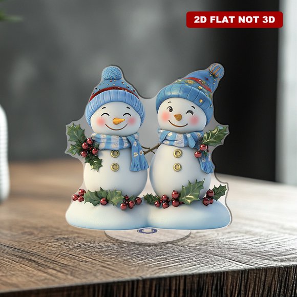 sculpture Acrylique Rotative avec Deux Charmants Bonhommes de Neige en Chapeaux Bleus et Écharpes avec des Détails Intéressants et des Couleurs Riches sur un Support à Neige