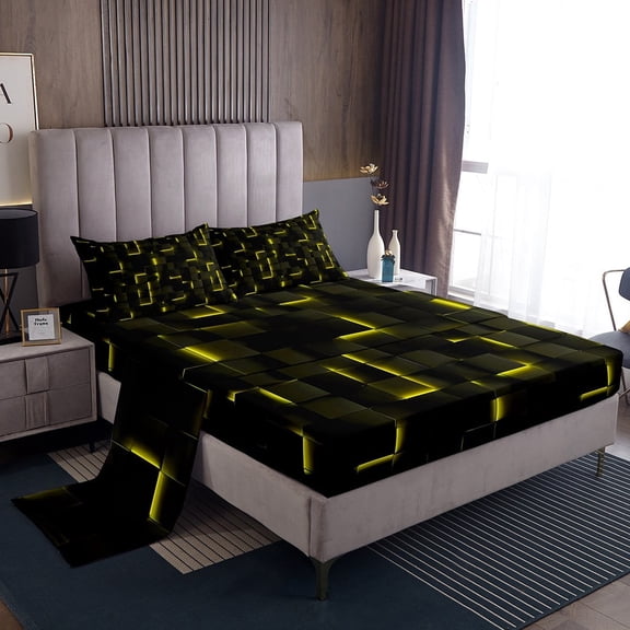 Erosebridal Abstract Grid Sheet Set Twin,Black Golden Bedding Sets Twin Size,Geometric Buffalo Twin Sheet Sets,Lightweight Futuristic Cubes Room Decor,3pcs