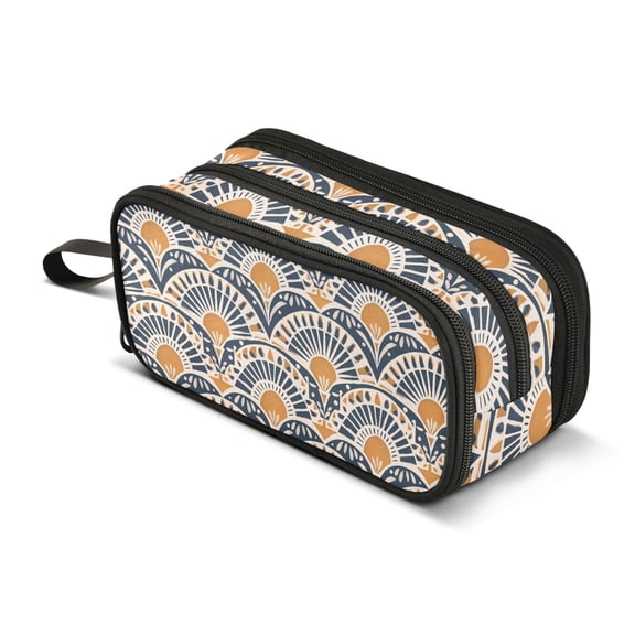 FORMRS Pencil Case with 3 Compartments School Large Capacity Zipper Pen Pouch Stationery Organizer, Orange Art Pattern