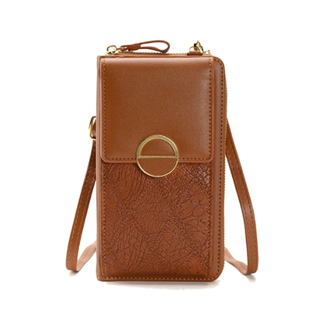 Bolsos cruzados pequeños para mujer, bolsos de cuero para teléfono móvil, cartera con cremallera, marrón