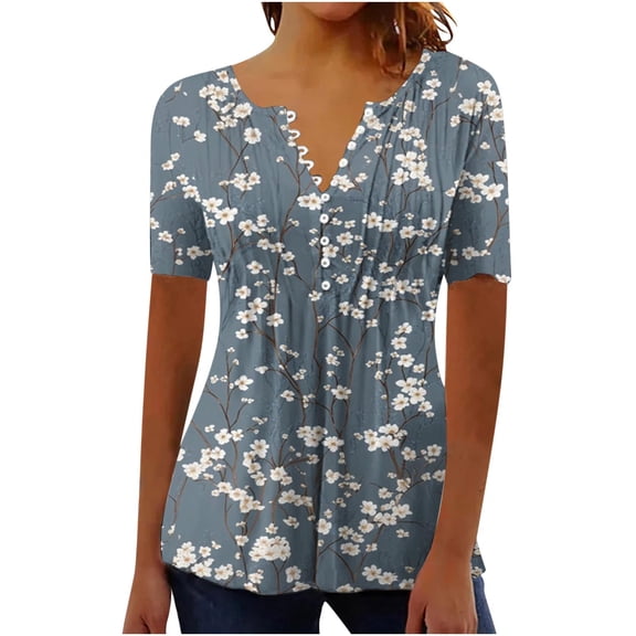 QQAMB Tops for Women Trendy Floral Short Sleeve Button Up V-Neck Tunic Shirts Casual Summer Plus Size Blouses Multicolor XL