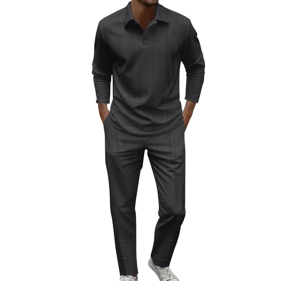 Erwazi Mens 2 Piece Set Casual Outfits Polo Long Sleeve Shirts & Pants Tracksuit Loungewear Athletic Jogger Sweatsuit