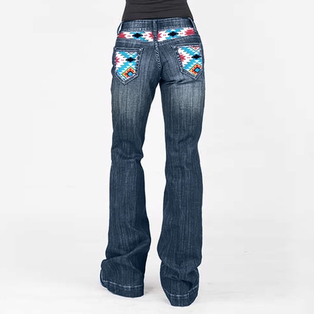 Puntoco Mujer Retro Patrón Geométrico Estampado Lavado Bolsillo Jeans Pantalones Puntoco Puntoco-3347