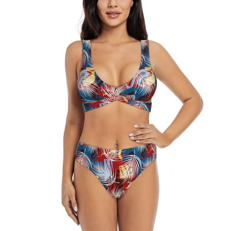 Zeuib Hawaiian Style High Waisted Tummy Control Bikini Set - Knot Front Push Up Top & Cheeky Thong Bottom  Two-Piece Swimsuit for Women-X-Large
