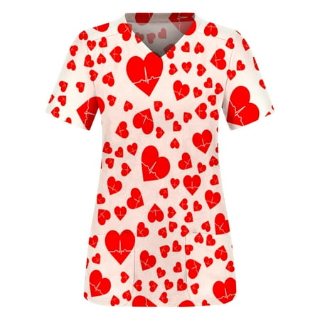 

XHJUN Scrub Tops Women Plus Size Heart Print Valentines Day Fun Scrubs Cartoon Print Casual V-Neck Nurse Trendy Scrubs Red XXXL