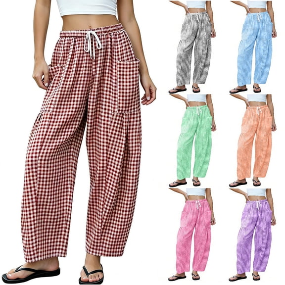 GUACER No Boundarie Gingham Plaid Pants for Women Casual Baggy Wide Leg Trousers Elastic Drawstring Waist Lightweight Summer Lounge Pants with Front Pockets