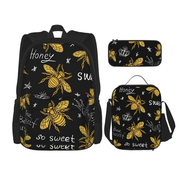 Disketp Hohey Bee Golden Embroidery Mochila Estampada de Gran Capacidad con Lonchera y Estuche, Set de 3 Piezas para Estudiantes