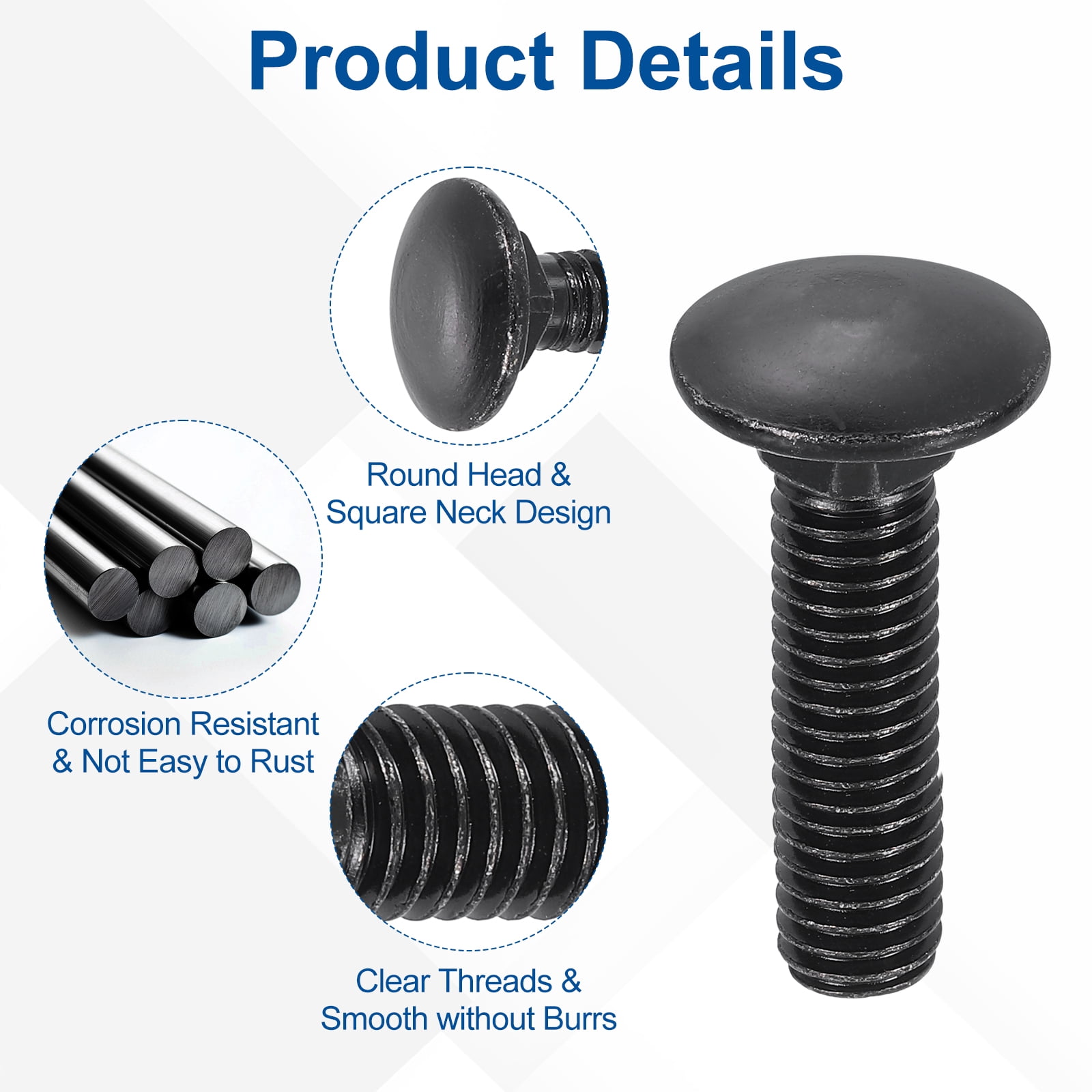 Uxcell 50Pack 3/8"-16x2" Carbon Steel Carriage Bolts Round Head Square Neck, Black