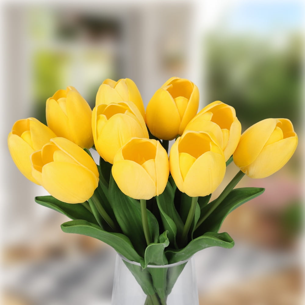Artificial Yellow Tulips Flowers with Glass Vase, 14" Lifelike Fake Floral Arrangement for Home Office Dining Table Decor, Wedding Centerpiece