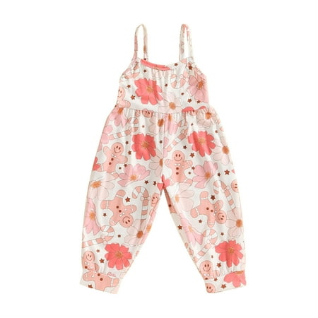 

Frobukio Little Girls Christmas Jumpsuit Flowers Gingerbread Man Print Sleeveless Strap Romper Long Pants