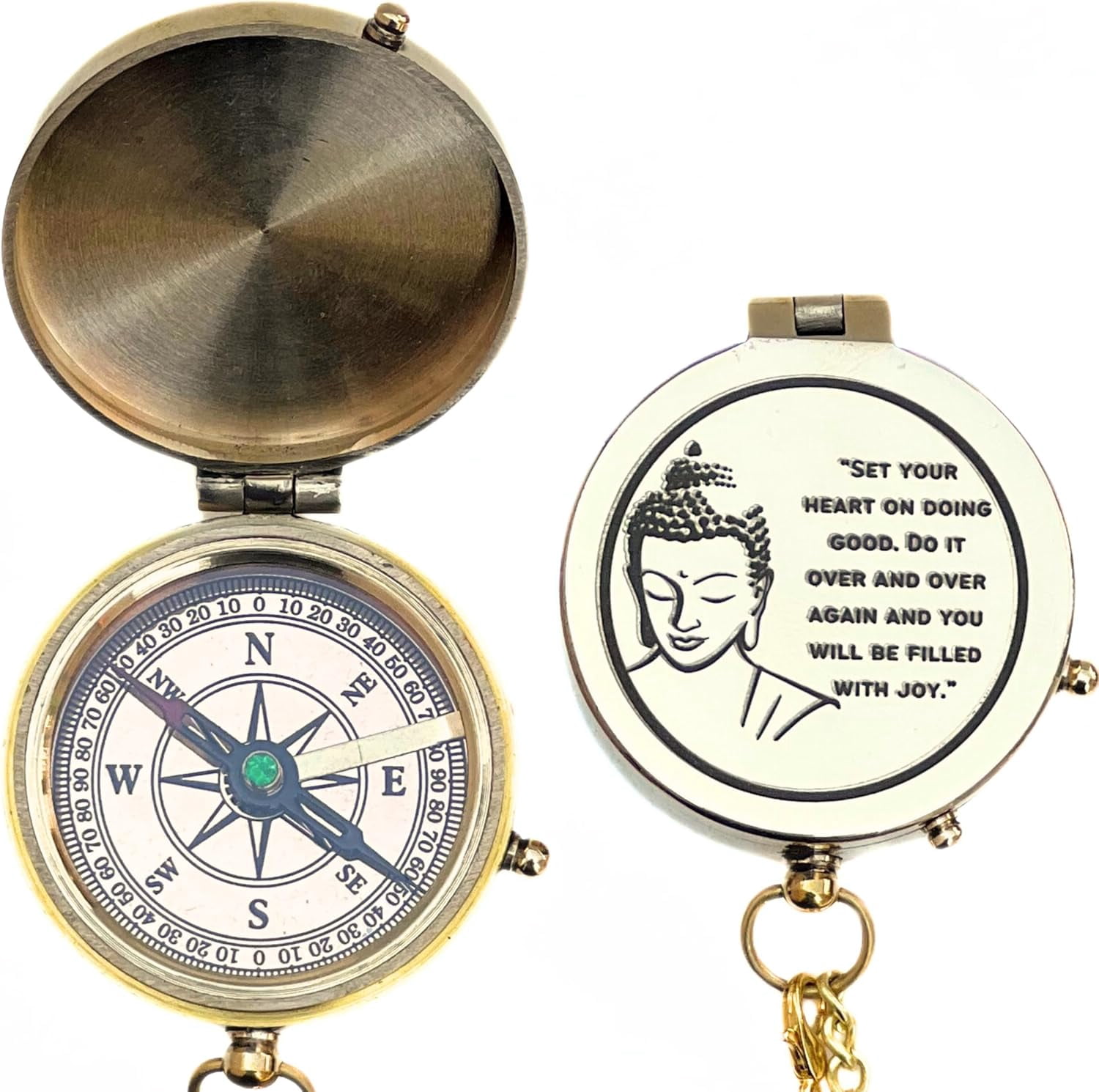 Handmade Shiny Brass Open Pocket Compass Buddha Saying Engraved Magnetic Vintage Compass Devine Love