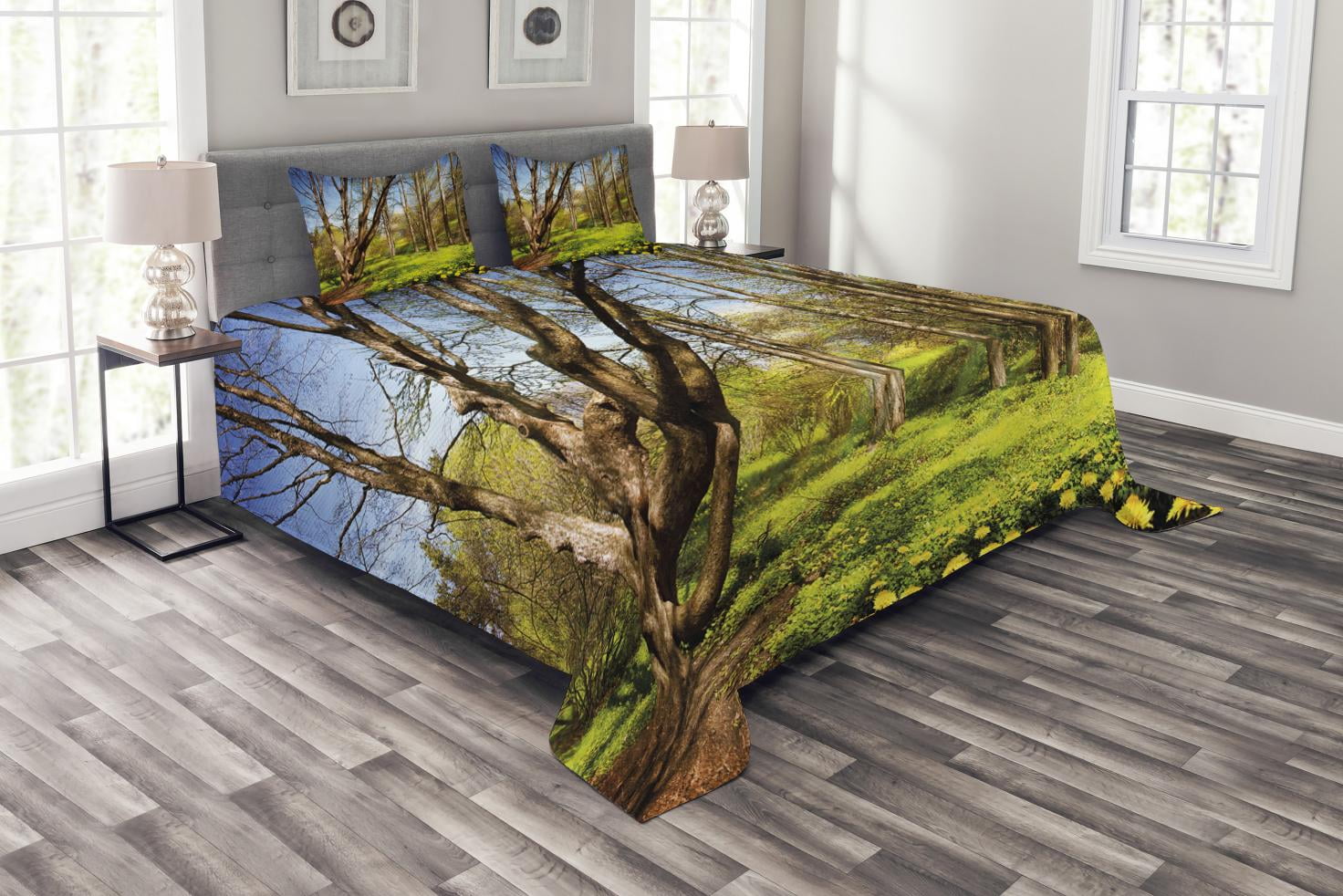 Nature Bedspread Set King Size, Spring Forest Flower Field and Trees
