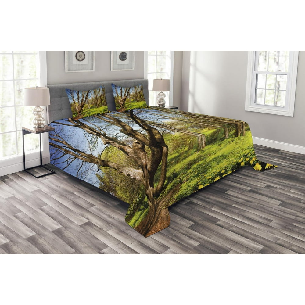 Nature Bedspread Set, Spring Forest Flower Field and Trees Dreamy Eco