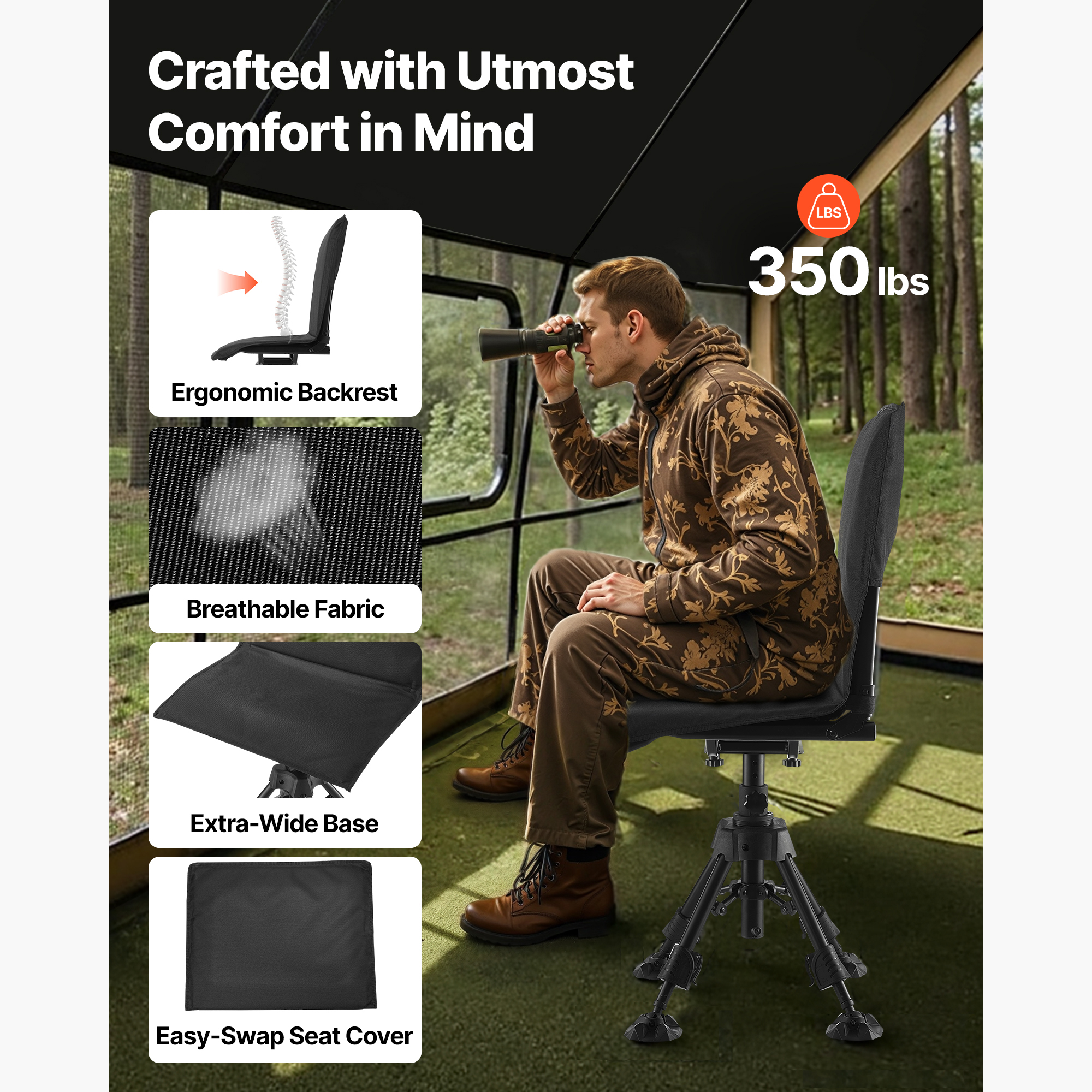 KFFKFF Hunting Chair with 360° Quiet Rotation, Foldable and Portable Blind Seat, Durable Steel Frame Ground Stool with Seat Cover, Stable Feet, Adjustable Height, 350 Lbs Weight Capacity