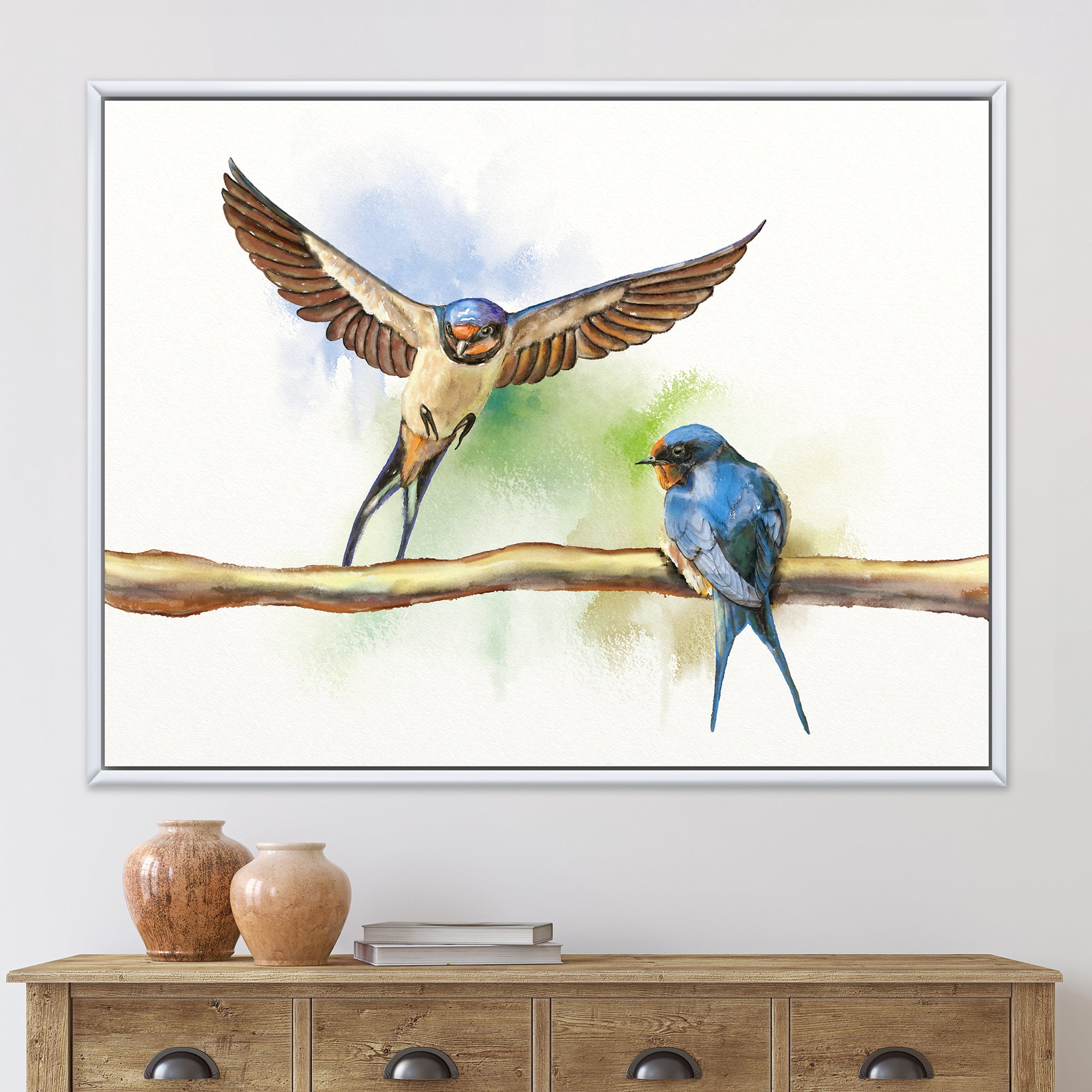 Designart 'Two Barn Swallows Birds On Branch' Farmhouse Framed Canvas Wall Art Print
