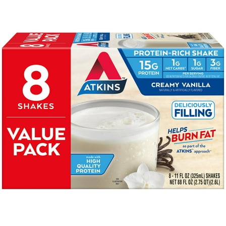 Atkins Gluten Free Protein-Rich Shake, Creamy Vanilla, Keto Friendly, 8 Count (Ready to Drink)