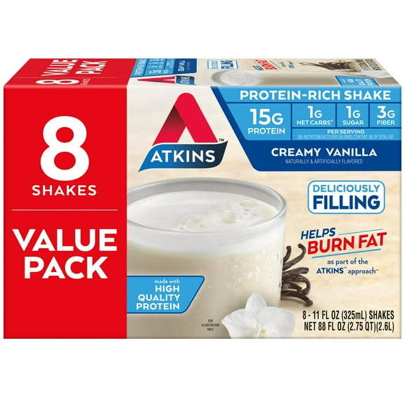 Atkins Gluten Free Protein-Rich Shake, Creamy Vanilla, Keto Friendly, 8 Count (Ready to Drink)