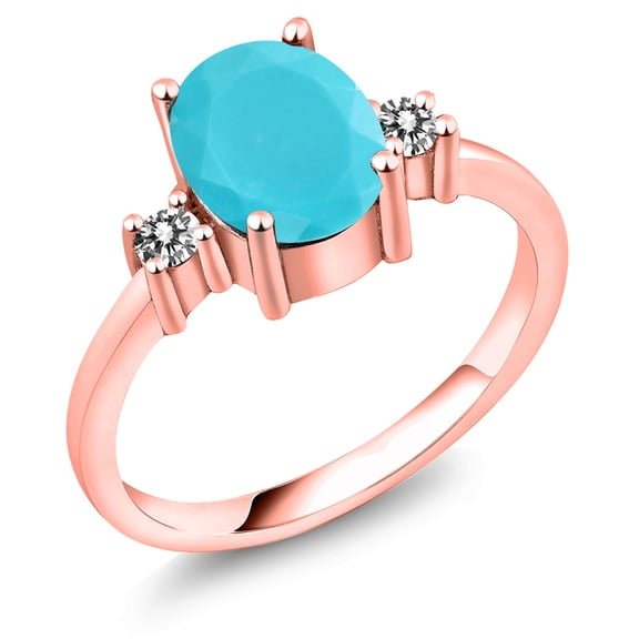 Gem Stone King 1.63 Ct Oval Green Turquoise White Diamond 18K Rose Gold Plated Silver Ring (Size 9)