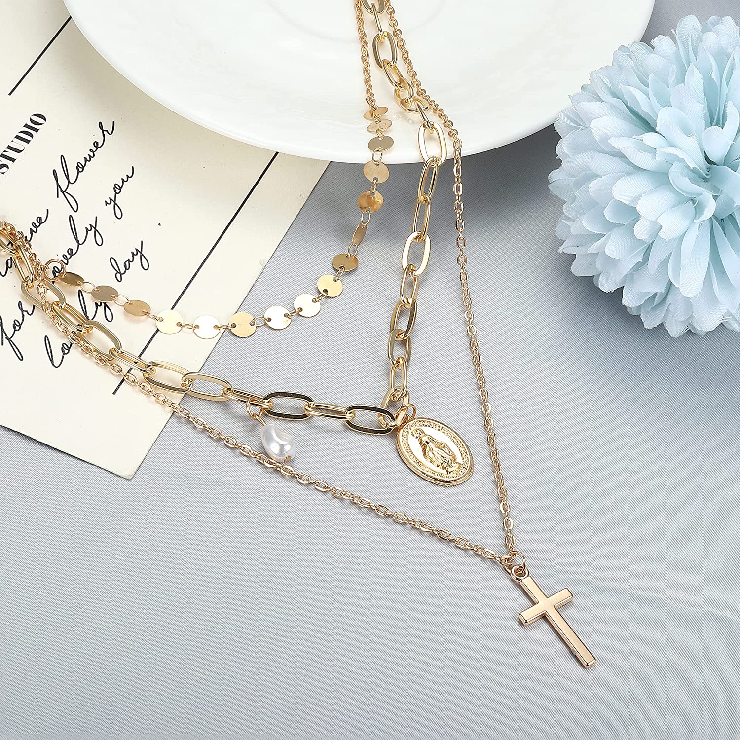 LuoHeng 9Pcs Gold Plated Layered Chain 