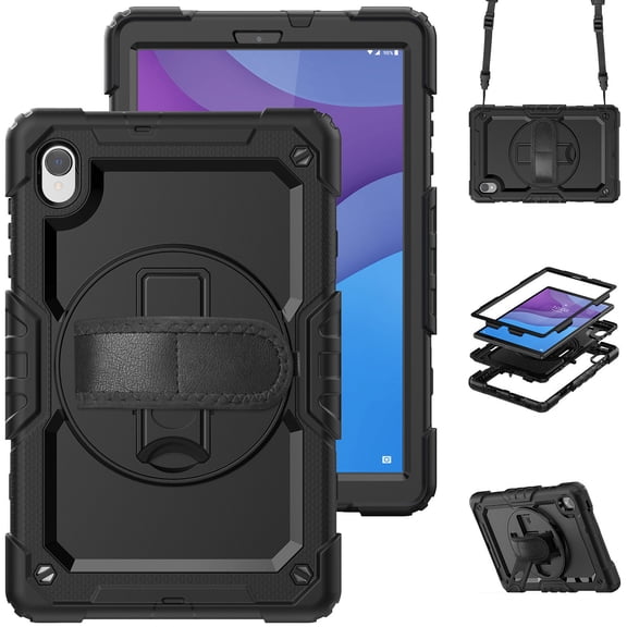 Case for Lenovo Tab M10 HD 2nd Gen 10.1 Inch 2020 with Screen Protector, 360 Degree Rotating Kickstand Hand Strap Heavy Duty Shockproof Cover with Shoulder Strap, Black
