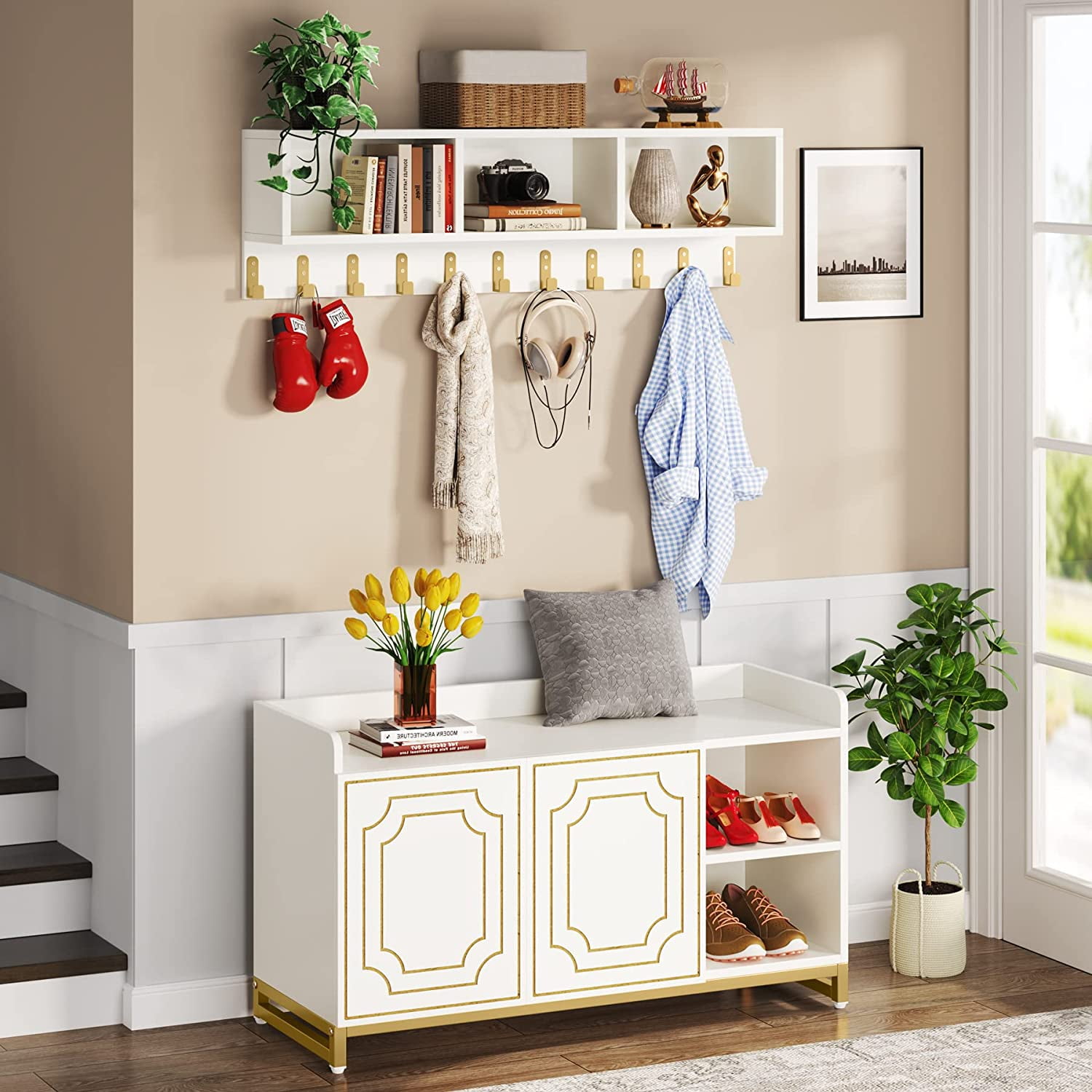 Tribesigns Coat Rack Shoe Bench Set, Hall Tree with Shoe Bench, 3